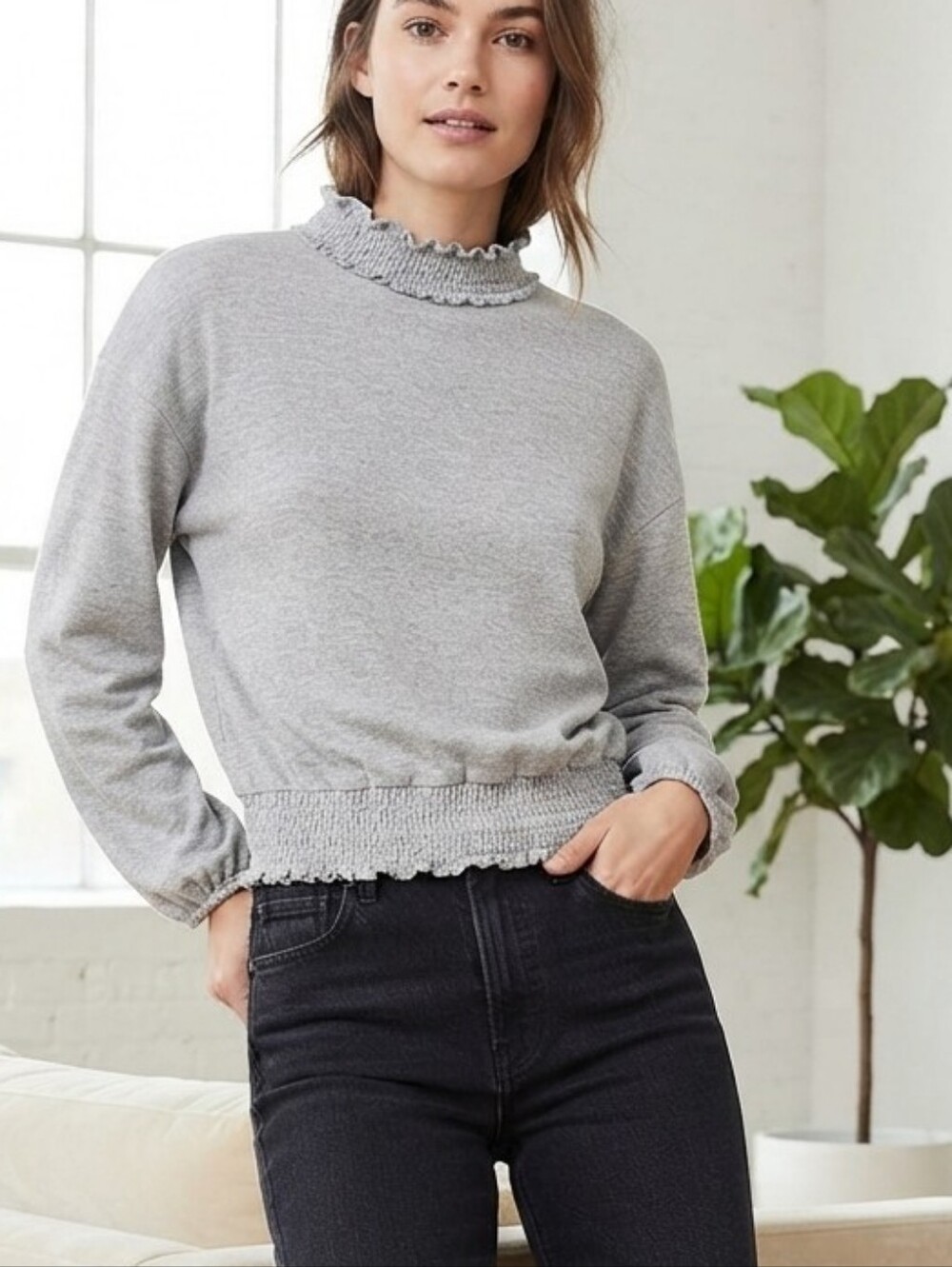 A New Day Heather Gray Ruffle Neck Long Sleeve Top - Size XS - NWT